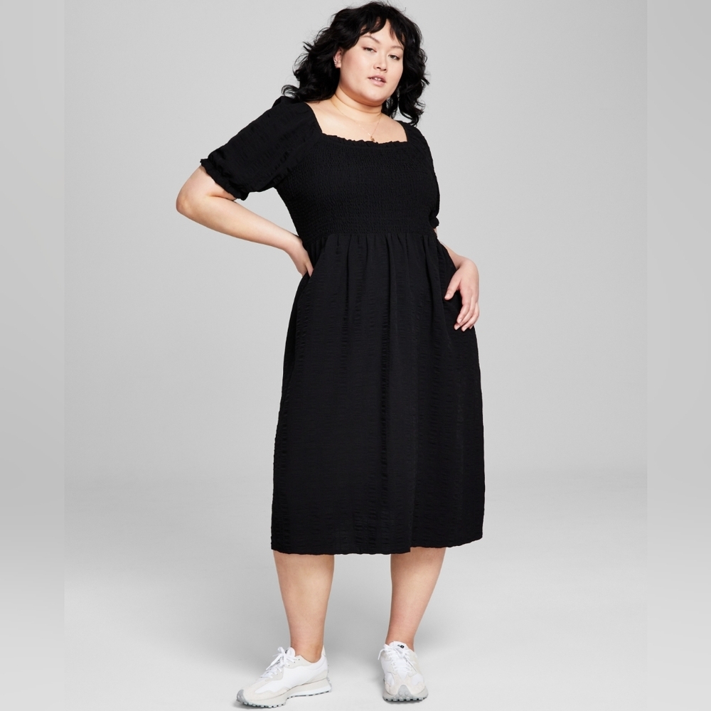And Now This Smocked Textured Midi Dress Large Boho Cottage Milkmaid Peasant